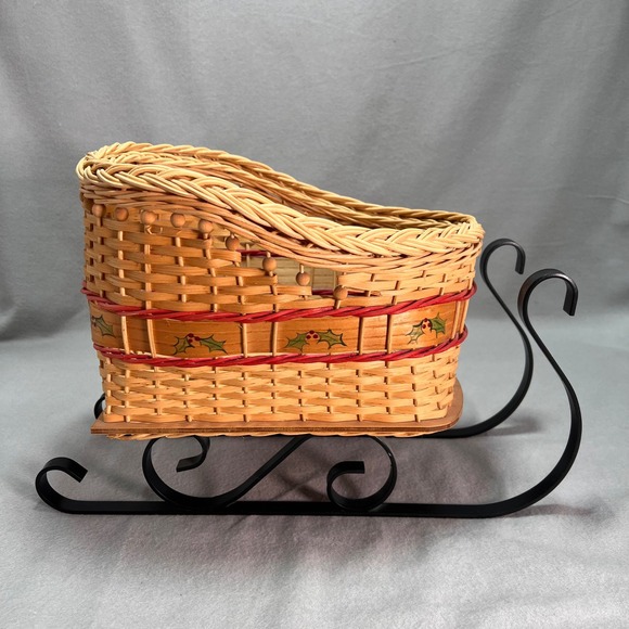 Handwoven Sleigh Basket Hand Painted Holly Band Cozy Cottage Holiday Decor - Picture 3 of 12
